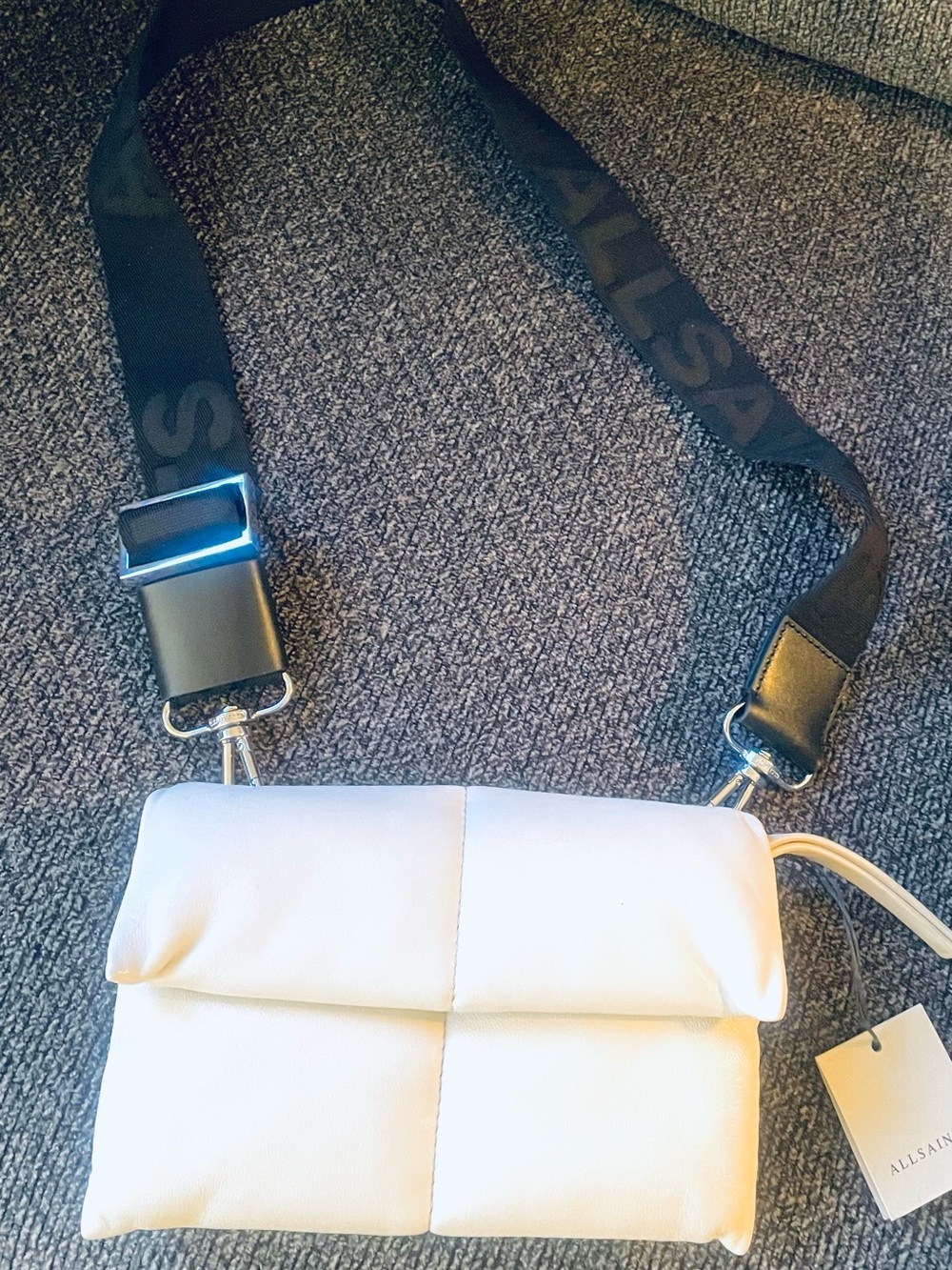 AllSaints White Quilted Crossbody Bag with Black Strap